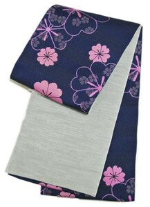 浴衣帯　リバーシブル　日本製　310　紺・グレー/花　袷帯　ゆかた帯　半幅帯　両面帯　花柄　小袋帯　袴下帯　