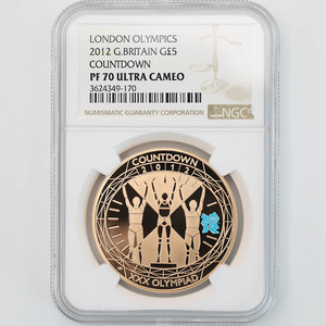 2012 英国 ロンドンオリンピックカウントダウン 3人表彰台 5ポンド 金貨 プルーフ NGC PF 70 UC 最高鑑定 完全未使用品 イギリス 金貨