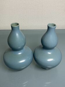 【聚寶堂】大明嘉慶年制款 天青釉 葫蘆瓶 極少品 一対 高さ16.5cm LJ-2-2