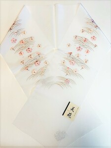 花とら●リサイクル和装小物　刺繍半襟　刺半衿　白半襟　絹　レーヨン　芝　桜　　　　１ 220825