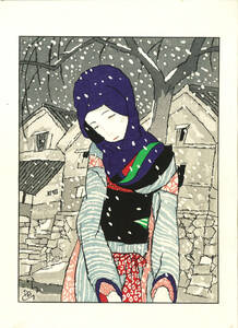 竹久夢二　Takehisa Yumeji (1884～1934) 木版画 No3 雪の夜の伝説　大正ロマンを代表する夢二式美人を是非木版画でご堪能下さい!!　