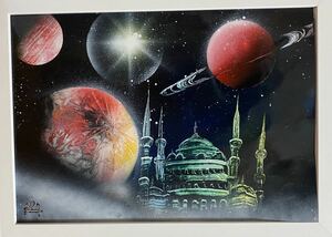 「ファンタスティックモスク」缶スプレーアート　手書きイラスト　宇宙　モスク　惑星　A4サイズ
