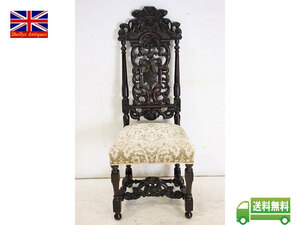 sc-10　1880年代イギリス製アンティーク　ビクトリアン　ウォルナット　彫刻　ホールチェア　ハイバックチェア　椅子　いす　イス 英国家具