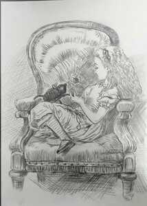 線画 鉛筆画 デッサン イラスト 猫 少女 絵本 不思議の国のアリス トリックアート