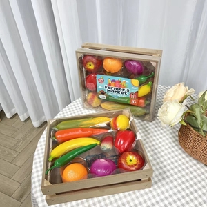 木製バスケット付き果物お野菜のサンプル　フルーツと野菜のおままごとおもちゃセット