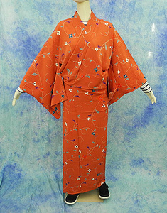 （75）単衣　夏の着物　着物　正絹　SILK　小紋　オレンジ　中古　Japanese Kimono for summer　156cm　 61.4inch pre-owned