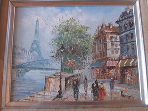 絵画 インテリア 油絵 「パリの街」エッフェル塔　セーヌ河　フランス ヨーロッパ風景　額縁セット