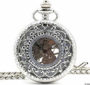 【新品】機械式 手巻き アンティーク　懐中時計 風 蓋つき 両面 スケルトン 革紐 付き ネックレス ペンダント 時計