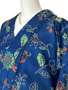 小紋 単衣 単衣着物 紬 着物 きもの カジュアル着物 リサイクル着物 kimono 中古 青 ブルー 仕立て上がり 身丈164cm 裄丈64cm