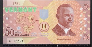 外国紙幣　アメリカ バーモント州 2015年 未使用 50ドル ポリマー