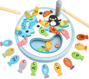 CORPER TOYS 木製おもちゃ 魚釣りおもちゃ 魚釣りゲーム マグネット 釣り竿 ペンギン アルファベット 英語おもちゃ 木